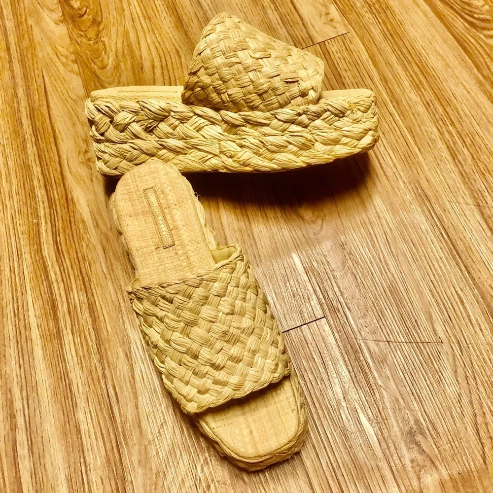 NWOB Loeffler Randall Natural Woven RAFFIA Aaron Platform Slide Sandals